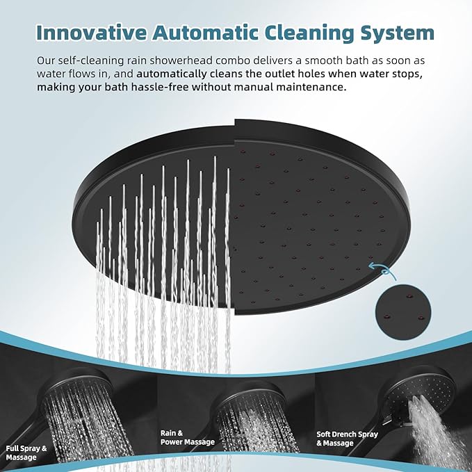 Hibbent Upgraded cUPC Certified Self-cleaning Shower Head Combo, High Pressure 10'' Rain Showerhead with 3-Spray Handheld, All Metal Arm with Easy Reach 4-way Diverter, 71" Hose & Holder, Matte Black