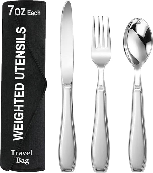 Weighted Utensils for Hand Tremors and Parkinson's Patients-Adaptive Utensils-3 Piece Set Weighted Silverware for Elderly, Arthritis, Weak Hand Grip.Gifts for Parkinsons Patients