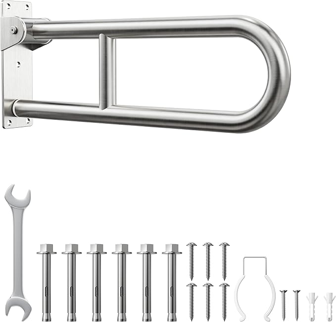 Toilet Grab Bar, Bathroom Safety Handrail Wall Mounted, 304 Stainless Steel Flip Up Folding Support Rail for Elderly Seniors and Handicap Assistance (24 Inch)