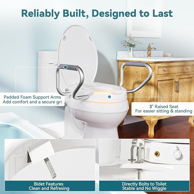 Clirass 3" Raised Toilet Seat with Handles and Bidet - Non-Electric Bidet with Dual Nozzles - Elevated Toilet Risers for Seniors & Limited Mobility - Easy Install & Clean (Elongated with Handles)