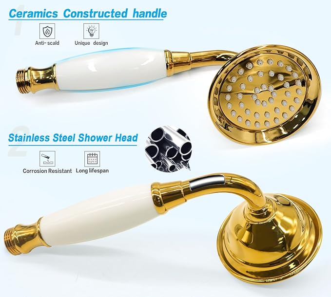 ENGA Vintage Hand-held Shower Rain Sprayer Telephone Shaped Ceramic Shower Head with 59 Inch Hose for Bathroom (Gold Finish)