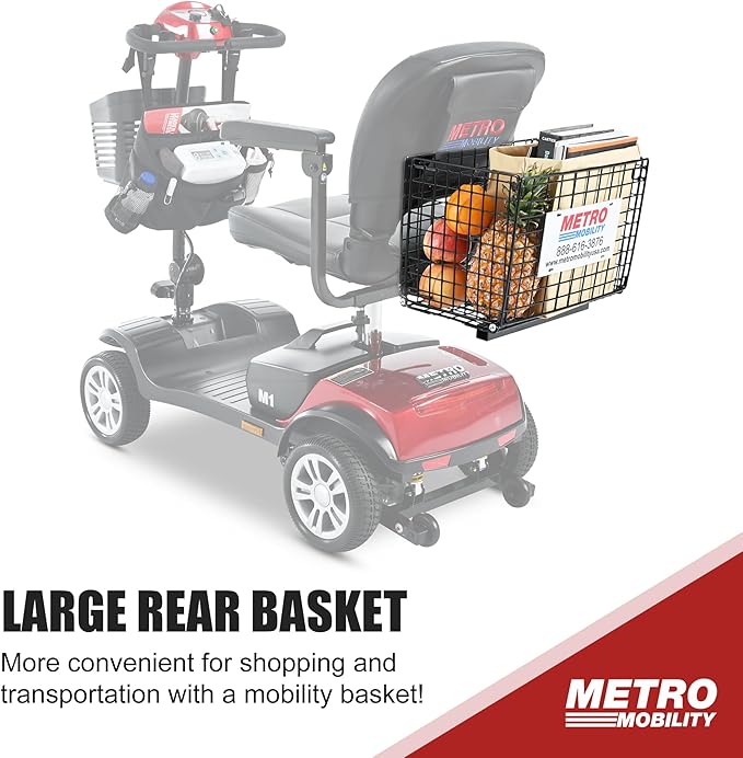 Metro Mobility 4 Wheel Foldable Mobility Scooter for Adults - 300 lbs Capacity Electric Mobility Scooters for Seniors, Travel - Long Range Power Extended Battery with Charger and Basket - Red