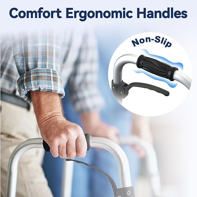 Folding Walker with 2 Precut Tennis Balls, Lightweight Walkers for Seniors with Wheels, Support Up to 350 lbs, Height Adjustable Standard Compact Walker & Ski Glides