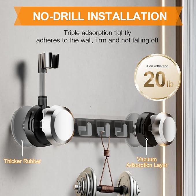 Shower Head Holder Suction Cup with 4 Hanger Hook Wall Mount - 2 in 1 Design - No-Drill Strong Adhesive Shower Wand Bracket - Adjustable Handheld Shower Head Mount - Removable and Rust-Resistant