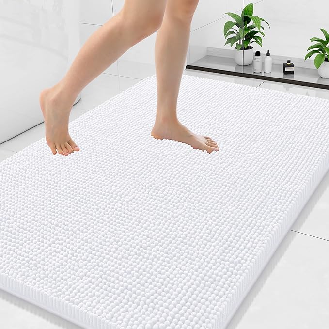 Arotive Bathroom Rugs 47x32, Extra Soft Absorbent Shaggy Chenille Bath Rugs, Machine Washable Rubber Backing Non-Slip Bath Mats for Bathroom Floor Tub and Shower, Home Decor Accessories, White