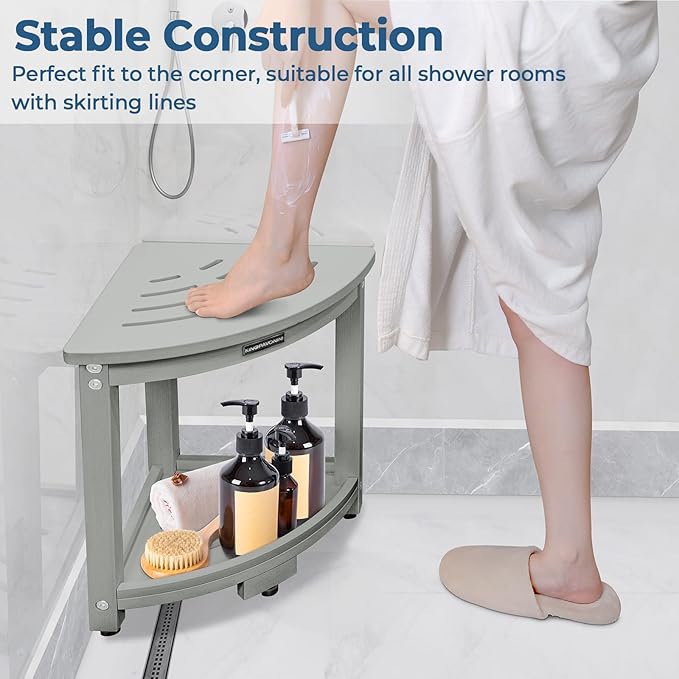 KingPavonini Corner Shower Stool for Inside Shower, Anti-Fading Shower Bench for Shaving Legs, HDPS Waterproof Shower Seat with Storage Shelf, Load 400 Pounds