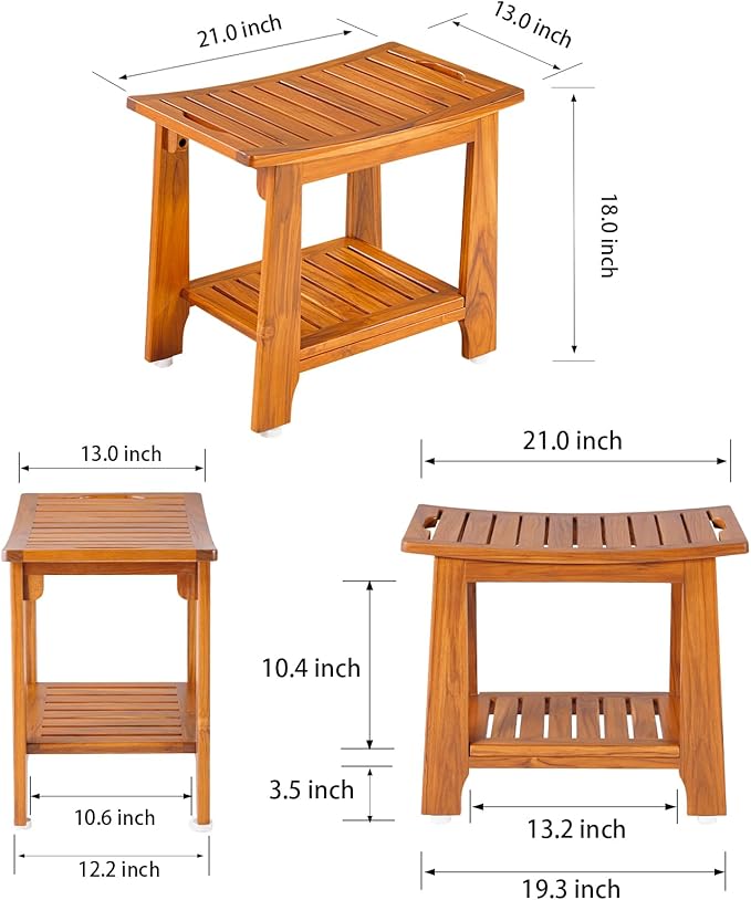 21" Standard Teak Shower Bench with Shelf & Handle - Waterproof, Non-Slip Bath Stool, 300 lbs Capacity - Fits Standard Tubs/Showers & Outdoor Use (Patented)