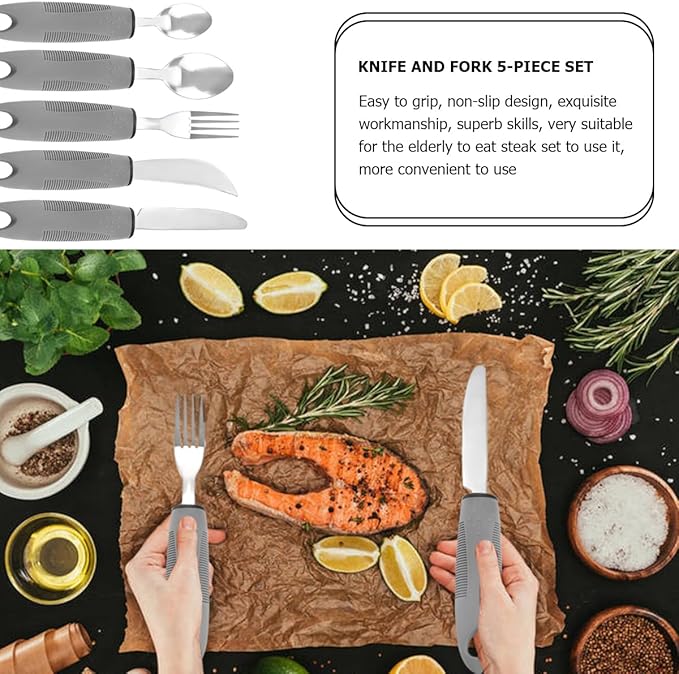 Adaptive Utensil Set - 5Pcs Arthritis Aid Silverware for Parkinson’s and Hand Tremors - Heavy Stainless Steel Spoon with Easy Grip Handle for Shaking Hands