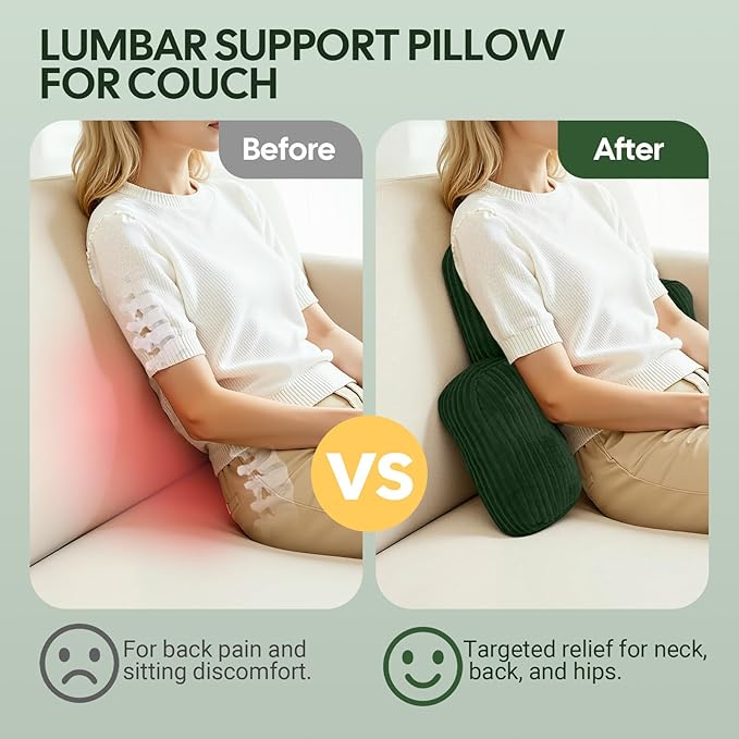 Lumbar Support Pillow for Recliner, Large Back Support Pillow for Office Chair, Tufted Corduroy Back Cushion for Elderly, Lower Back Pain Relief, Ideal for Sofa & Couch, Green