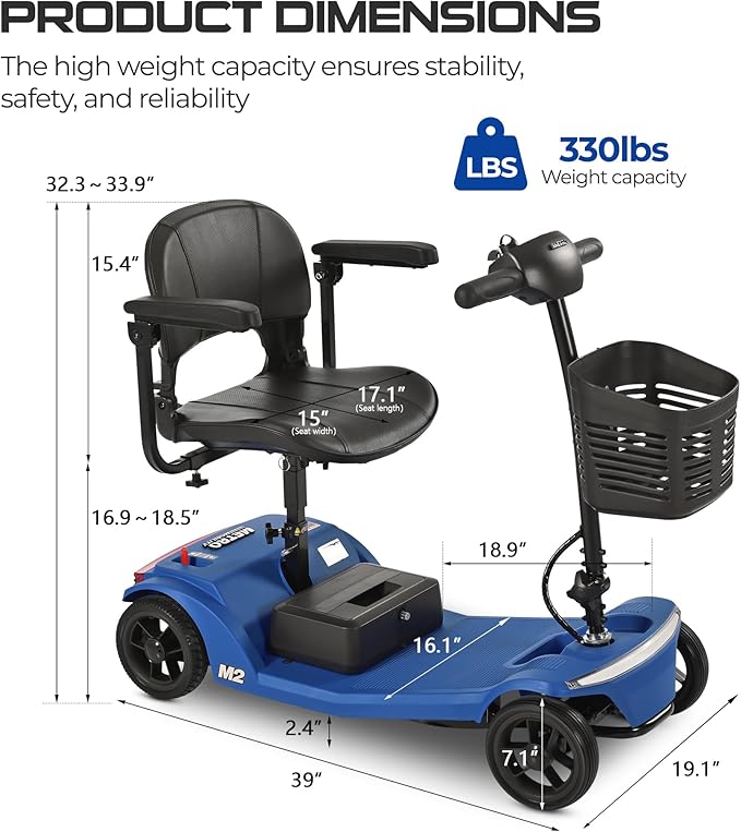 Metro Mobility 4 Wheel Powered Mobility Scooters, 330 lbs Capacity Mobility Scooters for Adults, Folding Mobility Scooter Lightweight, Electric Scooters for Seniors 20 Miles Range LED Light Blue
