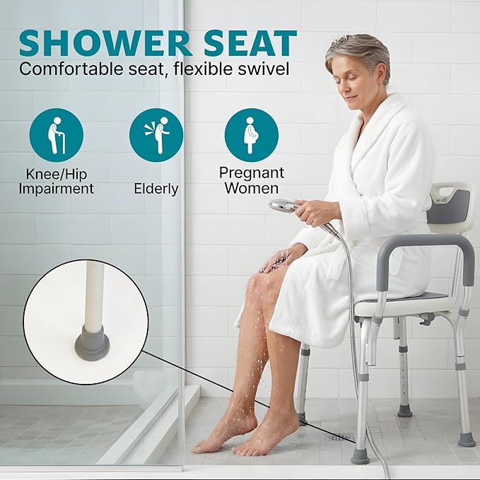 Dr. Aid Shower Chair for Inside Shower - 400 lbs, 6-Height Adjustable Shower Bench with Arms & Back for Adults, Seniors & Disabled - Tool-Free Assembly, Anti-Slip Bathroom Seat for Tub & Small Showers