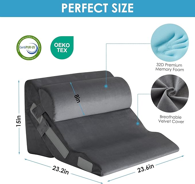MEGCXIT 3PCS Bed Wedge Pillow for Headboard, Adjustable Wedge Pillow for Sleep Apnea, 23” Wide Triangle Pillow Wedge Set for After Surgery, Acid Reflux Relief, Snoring, Neck&Back Support, Grey