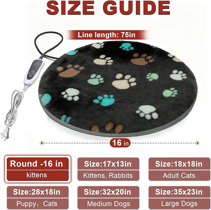 GOLOPET Cat Heating Pad Round 16in,Waterproof Outer Skin and Smart Thermostat Switch, Adjustable Heated Cat Bed, Adding Wire Rope Wires Small Dog Warming Pad-Black