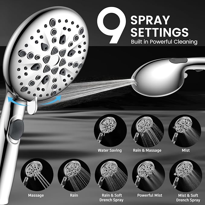 FEELSO 10" High Pressure Shower Head Combo with Handheld Spray, 16 Settings, 11" Adjustable Arm, ON/OFF Pause Switch (Chrome)