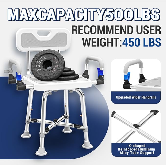 Shower Chair for Seniors Elderly Handicap Disabled Or Bariatric Adults Heavy Duty 500 Lbs Bench Seat for Inside Shower Stall and Bathroom Bath Tub with Arms and Back Adjustable Stool Chairs