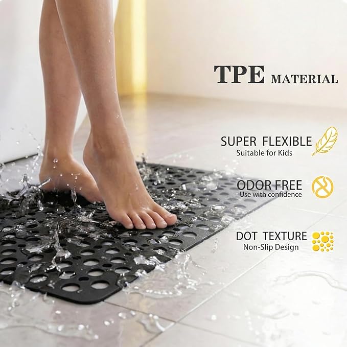 Nonslip Bathtub Mat Extra Soft TPE Bath Mat for Kids, Machine Washable Bathroom Shower Mat(Black/ 30L x 17W Inch)