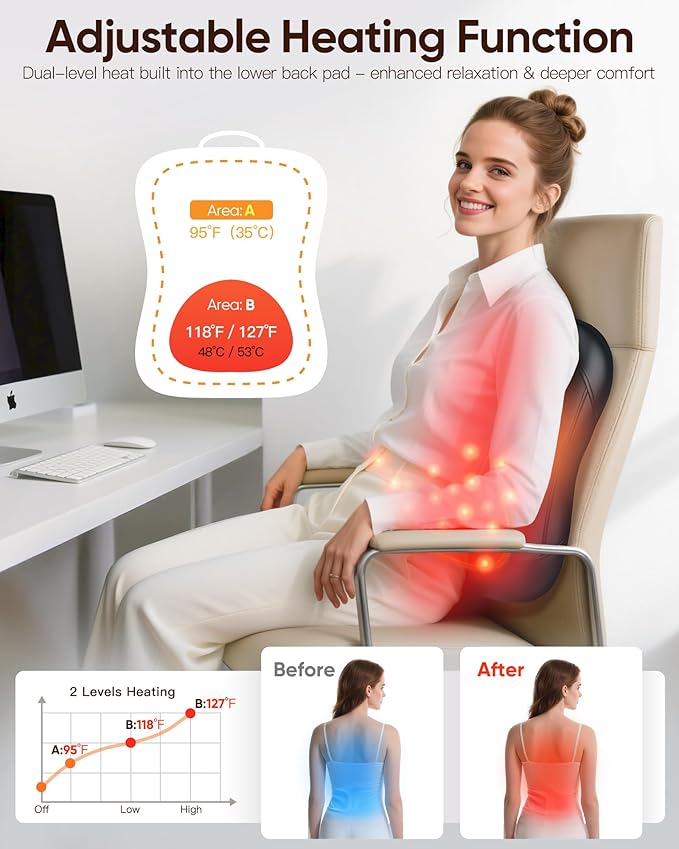 Back Massager for Pain Relief Deep Tissue : Rolling Up and Down, Not Just 4 Fixed Spots, Lower Back Massager with Heat, Shiatsu Kneading Massage for Office Home Car Use