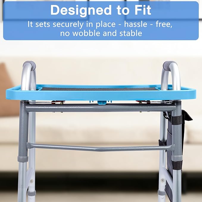 Walker Tray for Seniors with Dual Cup Holders, Side Pouch and Non-Slip Pad, Lightweight Durable Food & Drink Table, Compatible with Walker of 10210-1 Model (Blue)