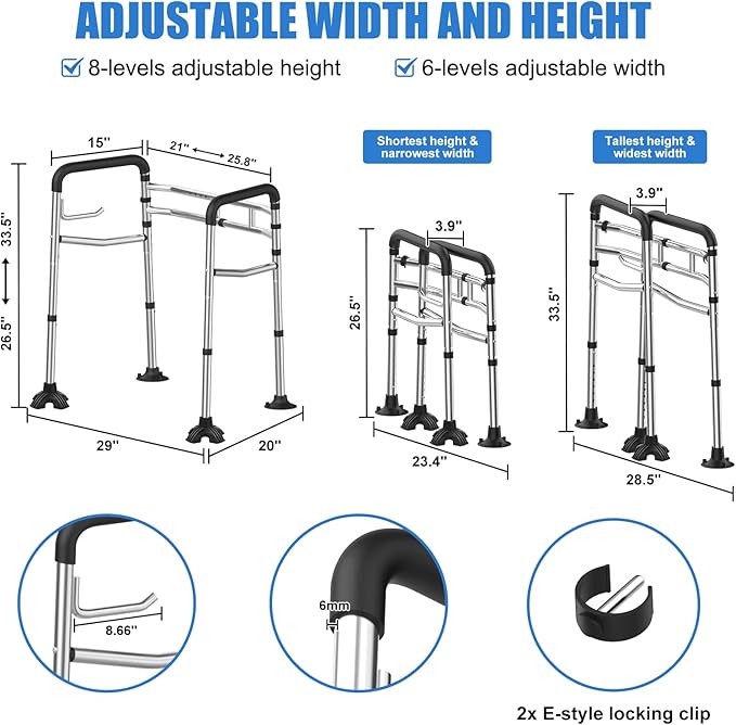 Toilet Safety Rails, Stainless Steel Adjustable Toilet Frame with Soft Handles&Tissue Holder, 380LBS Foldable Detachable Toilet Safety Frame for Elderly, Seniors, Handicap & Disabled