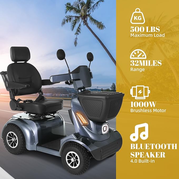 Ecomobi Outdoor Heavy Duty Mobility Scooter for Adults & Seniors - 1000W, 500 lbs Bariatric Capacity, 32 Miles Long Range, 13.78 in Off-Road Tires, 15 MPH Max Speed, Full Suspension, Bluetooth Speaker