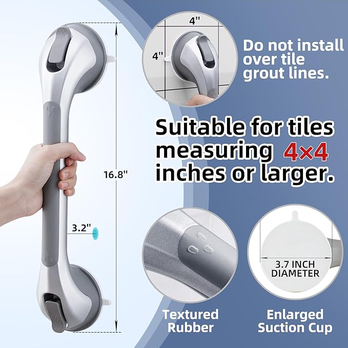 Grab Bars for Bathtubs and Showers 2 Pack Shower Handle, Heavy Duty Suction Grab Bar Bath Handrails for Seniors and Elderly, Bathroom Safety Grip No Drilling Waterproof Removable, Silver