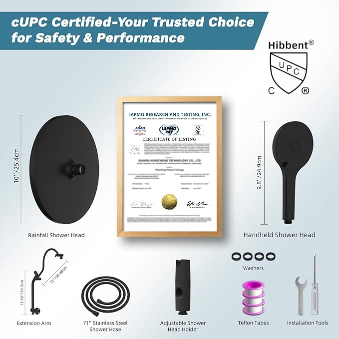 Hibbent Upgraded cUPC Certified Self-cleaning Shower Head Combo, High Pressure 10'' Rain Showerhead with 3-Spray Handheld, All Metal Arm with Easy Reach 4-way Diverter, 71" Hose & Holder, Matte Black