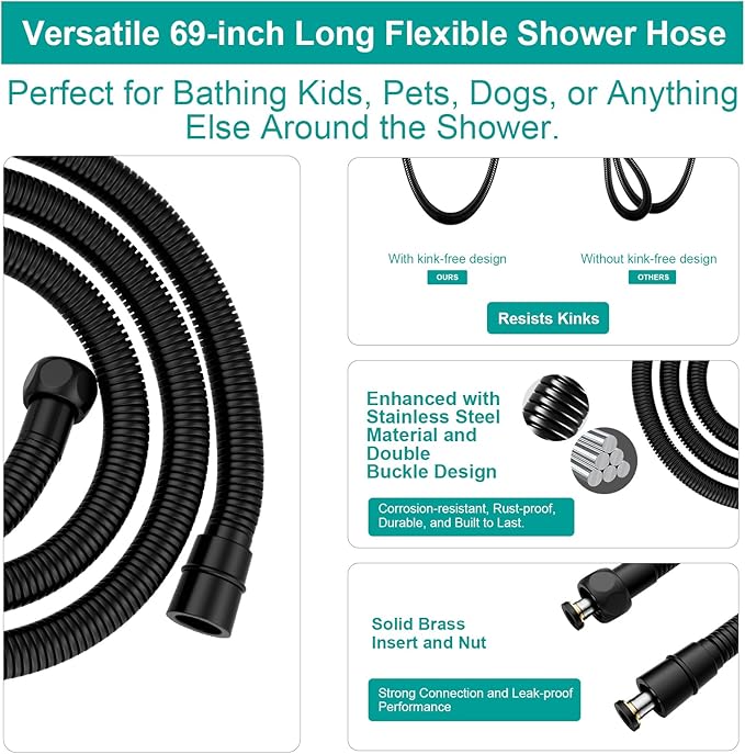 Shower Slide Bar Handheld Shower Head with Hose, 5-Function Hand Shower with Wall Mount，shower slide bar,adjustable height shower head (A-round, Matte Black)