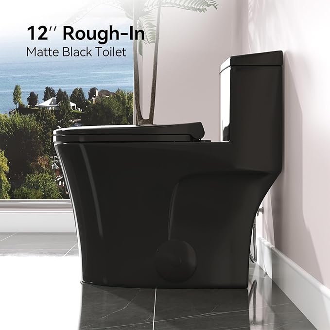 HOROW T0338WB Elongated One Piece Toilet Black, Compact Modern Toilet with Comfortable Seat Height, ADA Chair Height 17.3", Power Dual Flush 0.8/1.28 GPF, Matte Black, 12" Rough-in