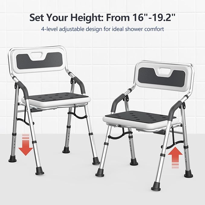 Foldable Shower Chair for Inside Shower with Arms and Back, Shower Chair for Elderly and Disabled with Adjustable Height,Folding Bath Chairs for Seniors,Quick-Assembly & Comfortable