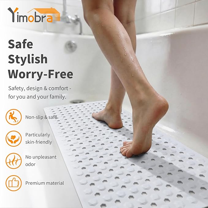Yimobra Bath Tub Mat Non Slip, 34.5"x15.5" Long Shower Mat, Machine Washable Bathmat with Drain Holes and Suction Cups, Soft on Feet, Bathroom Essentials, White