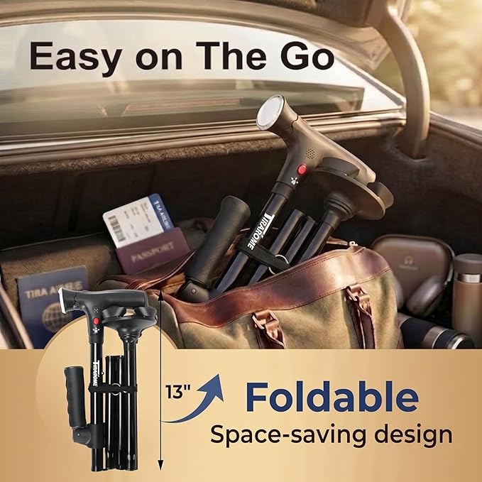 Walking Cane for Men & Women, 3-in-1 Folding Cane with Alarm and Light, Adjustable, Free Standing, Collapsible Walking Stick for Seniors Balance with a Second Handle