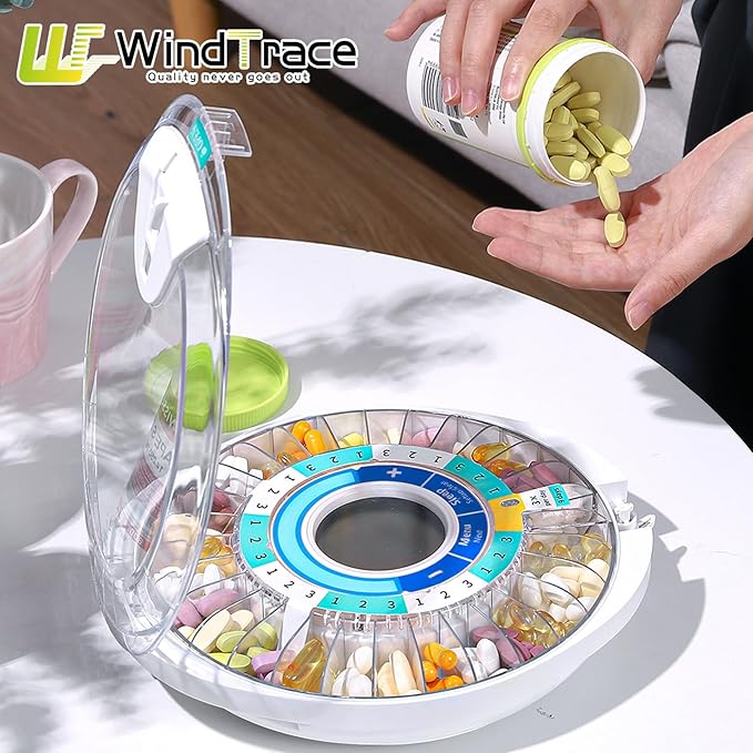 Windtrace Automatic Pill Dispenser for Elderly, Electronic Monthly Pill Organizer with Alarm & Light, 28 Day Smart Lock Medication Dispenser, Timed Pill Dispenser Machine for Prescriptions & Vitamins