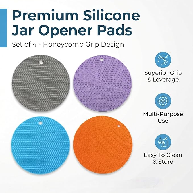 Set of 4 Multifunctional Silicone Grippers, Gray Purple Blue Orange Jar Openers and Trivet Mats, Non-Slip Lid Opener for Weak Hands, Heat Resistant Hot Pads for Kitchen (17.5cm Round)