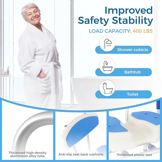 FAHKNS Swivel Senior Bathing Chair with Arms & Back, 400 LBS Heavy Duty U-Shape Seat, Height Adjustable Safety Bath Seat for Tub, Elderly & Disabled