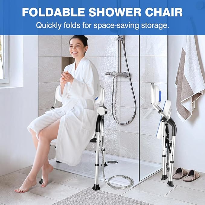 DEWEL Foldable Shower Chair for Elderly and Disabled, Folding Shower Seat with Armrests and Back Height Adjustable, Aluminum Alloy Bath Seat for Inside Shower, 330lbs Capacity (Blue)