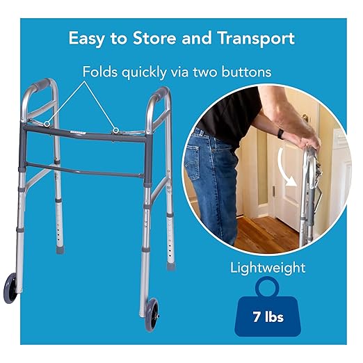 Carex Folding Walker with Wheels for Seniors, Portable Medical Walker with Adjustable Height, 30-37 Inches, Mobility Aid for Adults, Elderly, and Handicapped, Foldable, Aluminum Frame, Lightweight