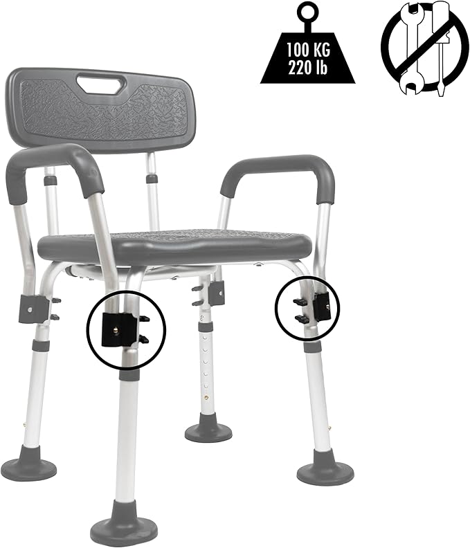 PEPE Mobility Shower Chair to Sit on in Shower, Height Adjustable with Non-Slip Tips, Removable Armrests, Tool-Free Assembly, Black, Safety Bath Seat