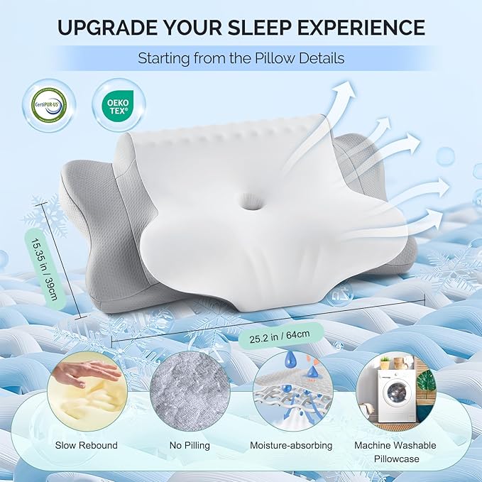 Cervical Pillow for Neck Pain Relief - Cooling Ergonomic Dual-Sided Orthopedic Neck Pillow with Ice Silk Pillowcase Breathable Memory Foam Contour Pillow for Side, Back, Stomach Sleepers