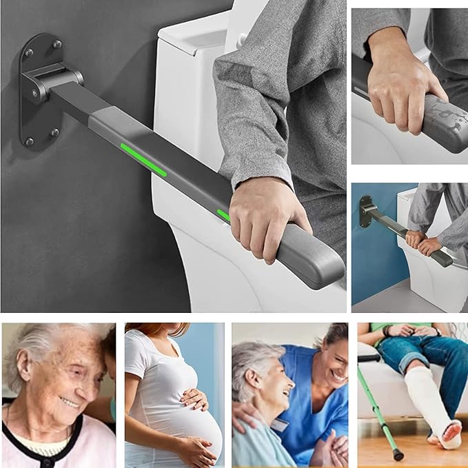Flip Up Grab Bar,Bathroom Folding Grab Bar,Grab Bars for Toilet Wall,Safety Rail Wall Mounted,Non Slip Waterproof Handicap Handrails Elderly and Pregnant Grab Bars(Grey,with Indicators)