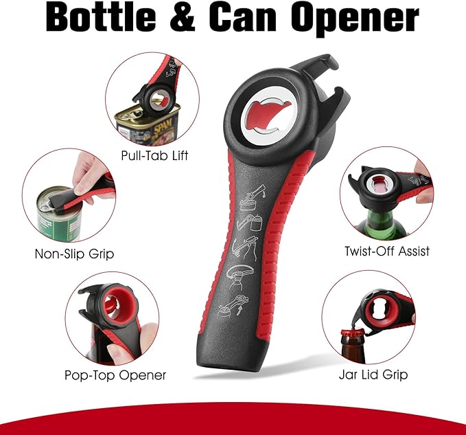 Jar Opener Bottle Opener, 5-in-1 Multi-Function Can Opener with Ergonomic Non-Slip Handle, Kitchen Tool Set for Weak Hands, Seniors with Arthritis, Red