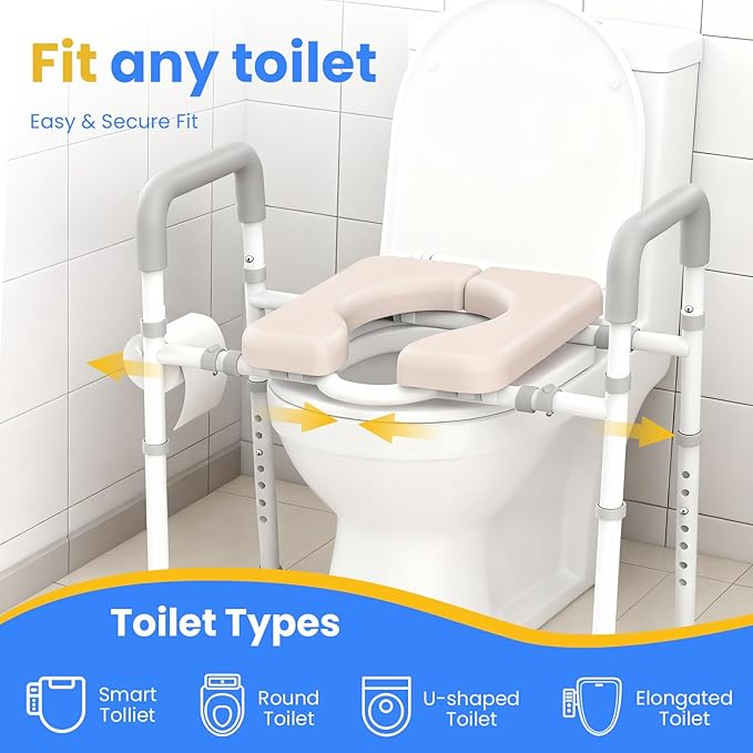 Male-Friendly Raised Toilet Seat with Handles, Adjustable Width Toilet Seat Riser for Seniors, 400LBS Handicap Toilet Seat for Elderly, Elevated Toilet Riser, Fits Any Toilets