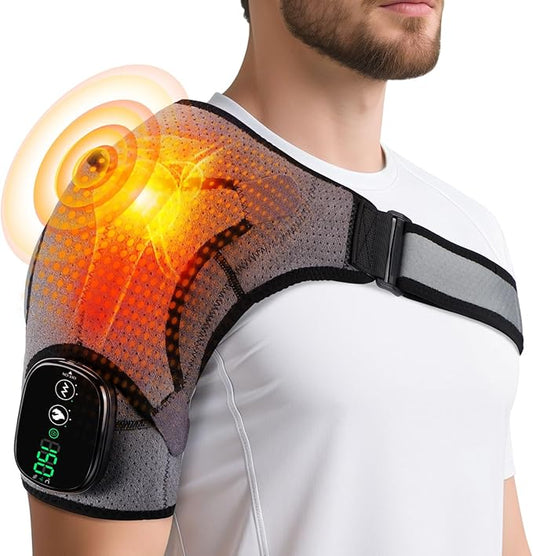 Cordless Shoulder Heating Pad with Vibration for Rotator Cuff Pain Relief, Arm Heated Massage Pad, Shoulder Support Brace with 3 Heating Levels & Vibration, Left or Right (Grey)