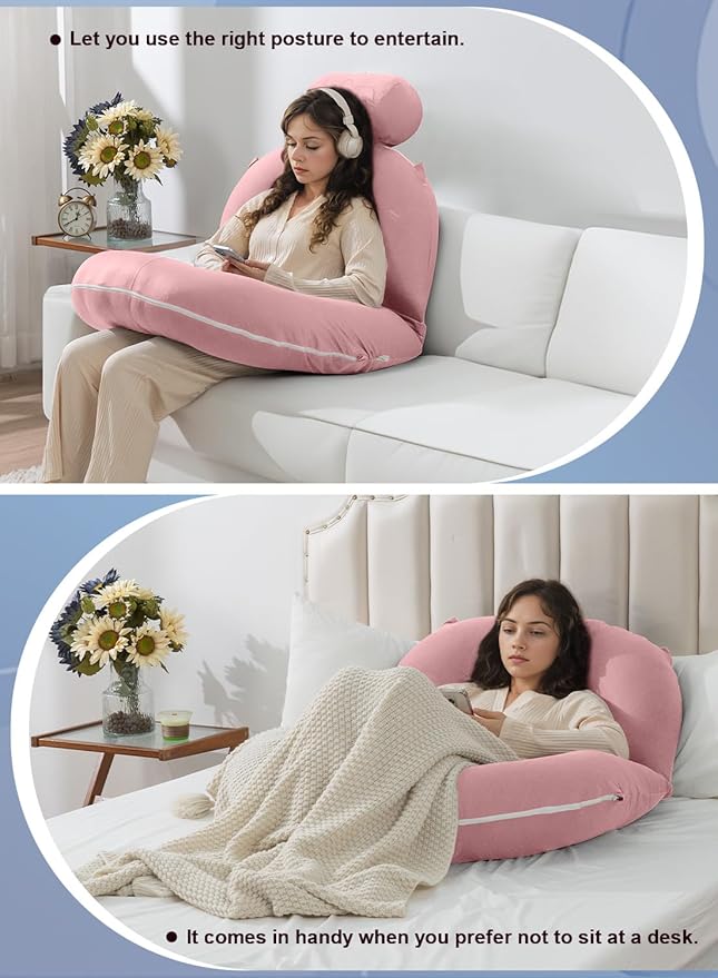 INSEN Reading Pillow, Back Pillow for Sitting in Bed for Reading, Nurse & Relax, Reading Pillow for Adults, Moms & Kids, Sit Up Pillow for Bed, Pink
