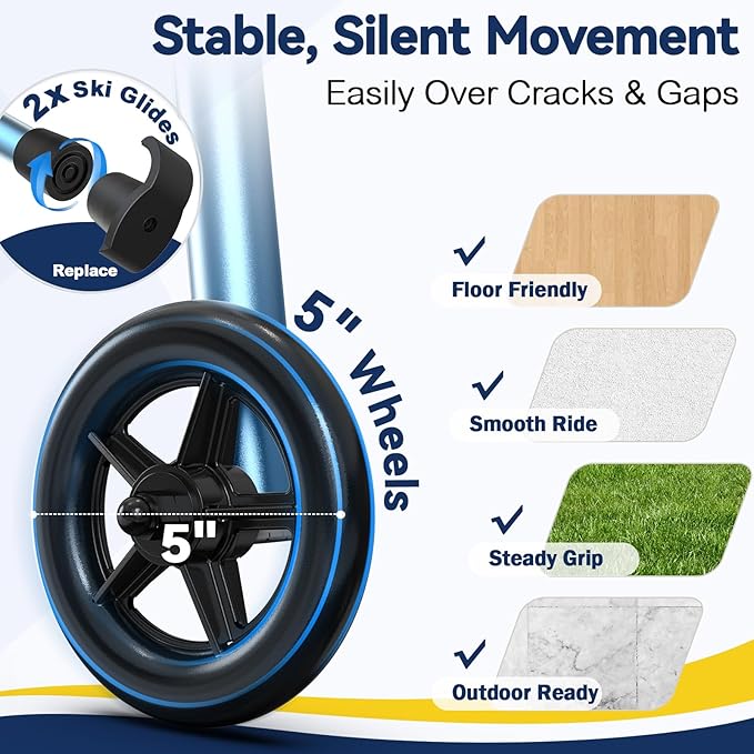 Folding Walker for Seniors, Compact Rolling Walker with Basket and 2 Skis, Lightweight Aluminum Standard Walker Adjustable Height Supporting Up to 350lbs, Blue