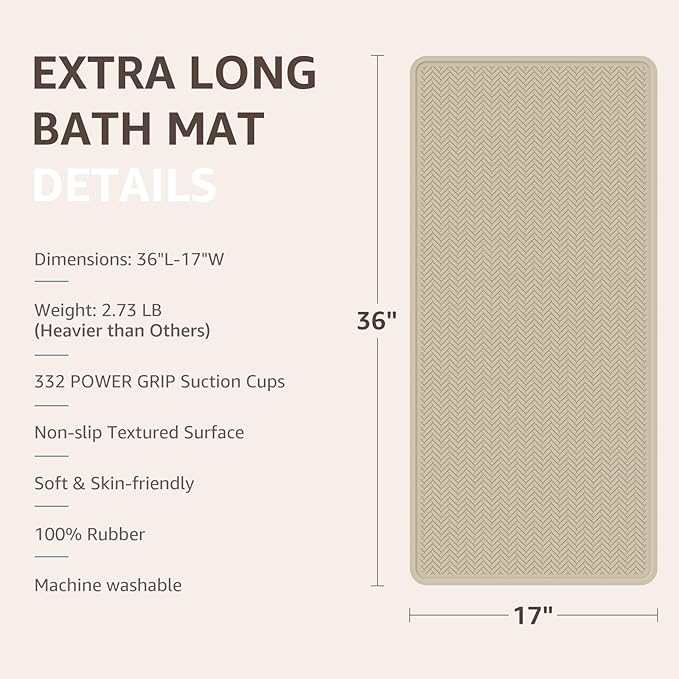 OTHWAY Bathtub Mat Non Slip, Extra Long Rubber Bath Mat for Tub, Machine Washable Shower Anti Slip Mat with 332 Strong Suction Cups (Brown, 36" x 17")