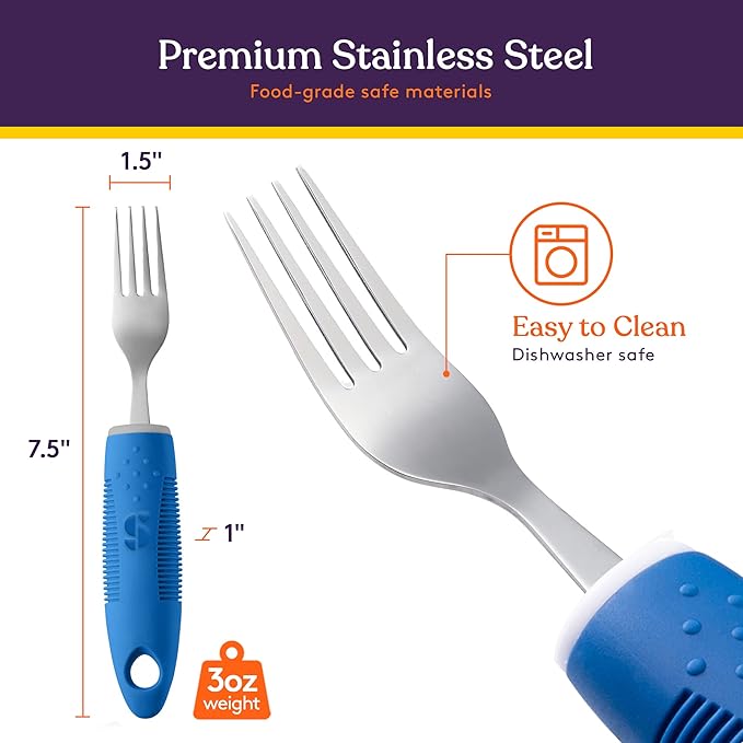 Special Supplies Adaptive Utensils (5-Piece Kitchen Set) Wide, Non-Weighted, Non-Slip Handles for Hand Tremors, Arthritis, Parkinson’s or Elderly Use - Stainless Steel Knives, Fork, Spoons - Blue