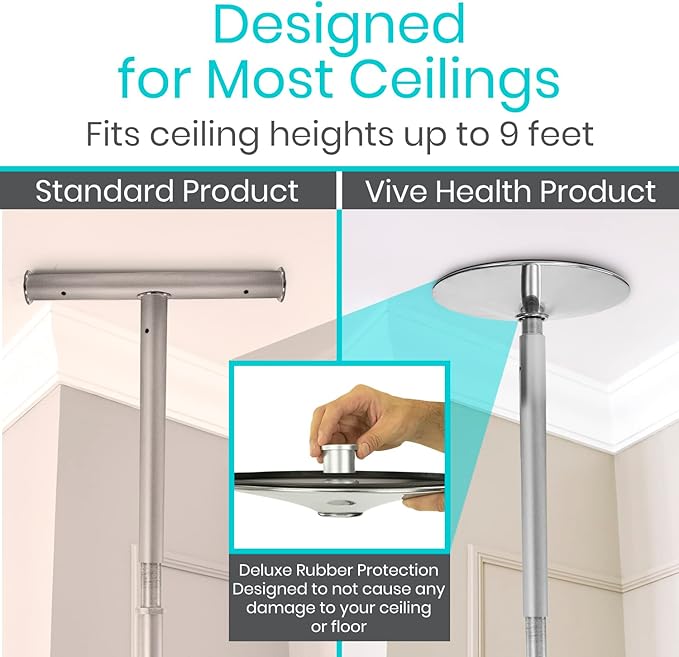 Vive Floor to Ceiling Grab Bar - Stand Assist Aid for Elderly - Shower Safety Bar for Seniors - Stand Assist Transfer Pole - Shower Support Pole - Toilet Rail for Disabled & Handicap Security