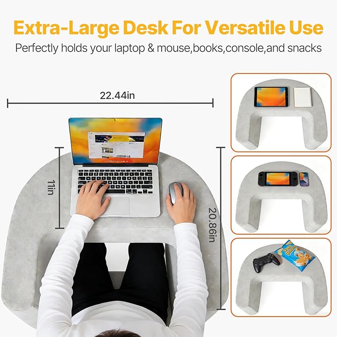 Reading Pillow Lap Desk with Storage Pockets & Ergonomic Arm Rests for Laptop, Gaming, Reading, Working on Bed, Couch & Floor for Adults, Arc-Shaped, Grey