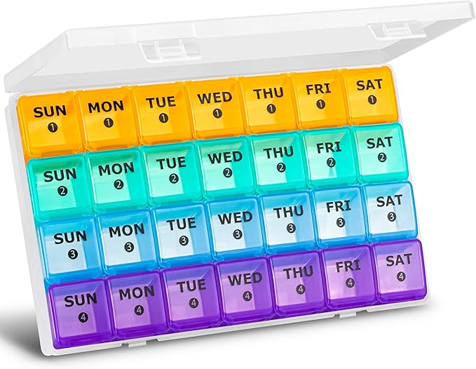 XL Large Monthly Pill Organizer 4 Weeks, 28 Day Pill Organizer Weekly, Big Compartment with Travel Case, 7 Day Pill Dispenser 4 Times a Day, Medicine Organizer Box for Vitamin, Fish Oil
