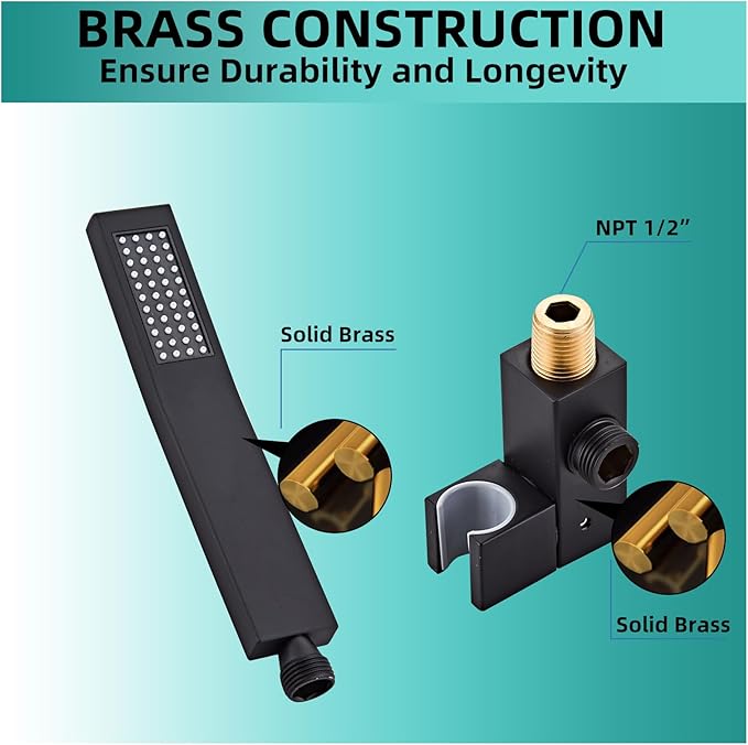 Bathroom Square Matte Black Solid Brass Hand Held Shower Head With Wall Connector and Hose System Wall Mount Handheld Showerheads Set